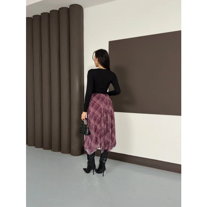 Desenli İçi Astarlı Şifon Etek Bordo