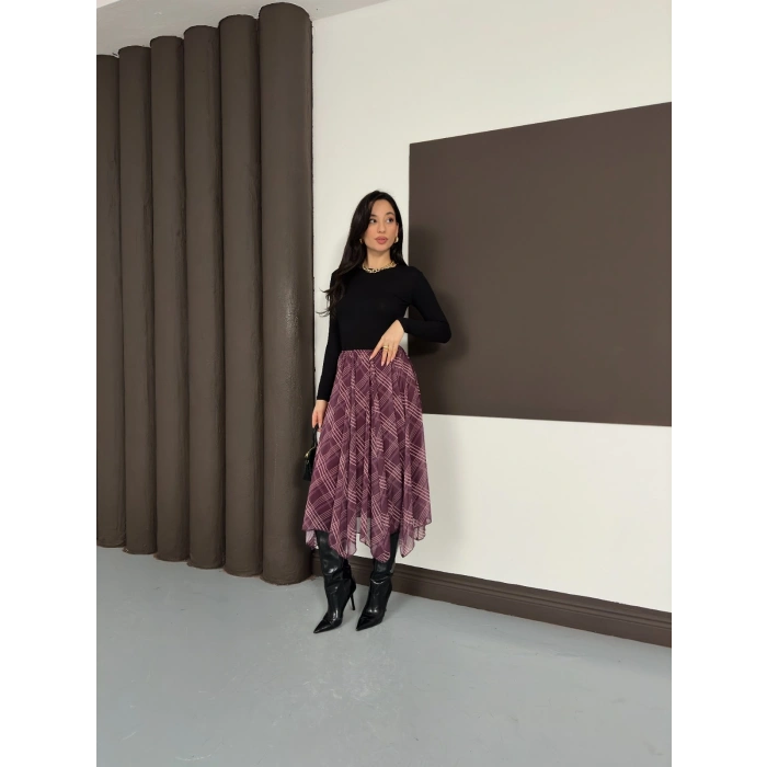 Desenli İçi Astarlı Şifon Etek Bordo