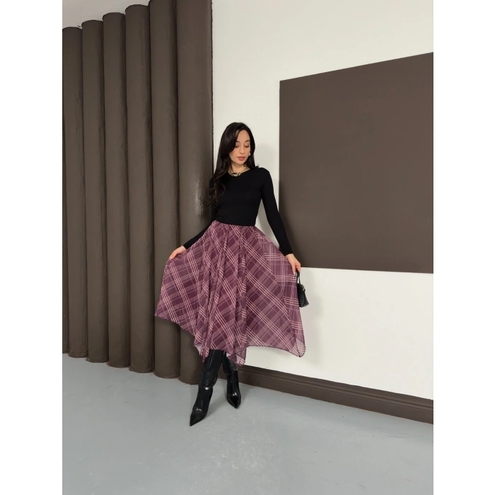 Desenli İçi Astarlı Şifon Etek Bordo