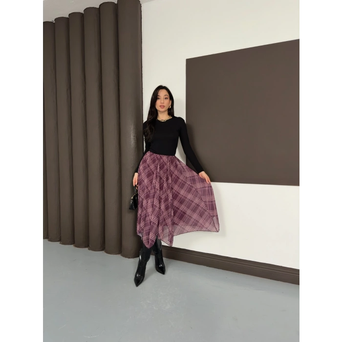 Desenli İçi Astarlı Şifon Etek Bordo