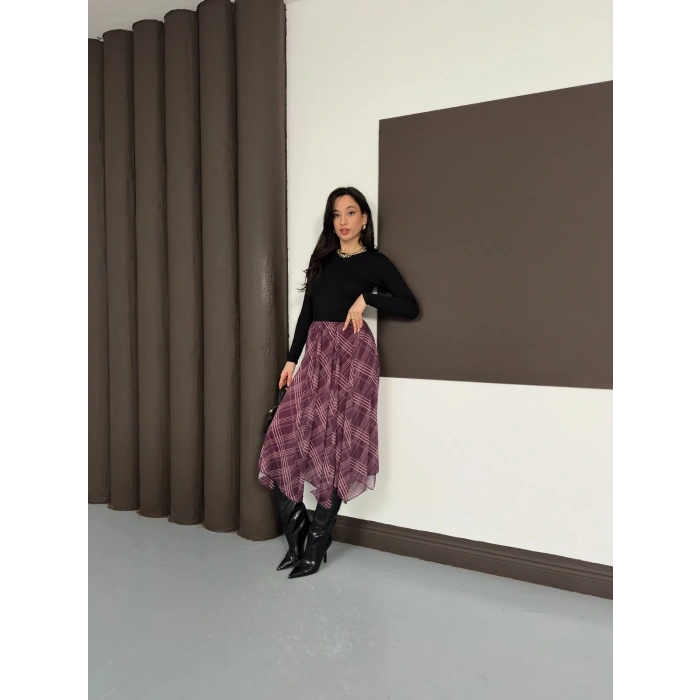 Desenli İçi Astarlı Şifon Etek Bordo