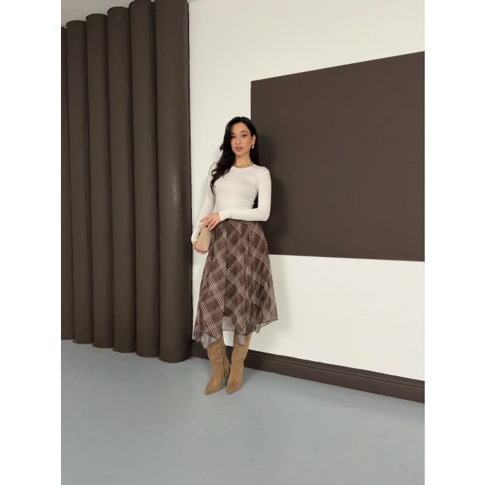 Desenli İçi Astarlı Şifon Etek Kahverengi