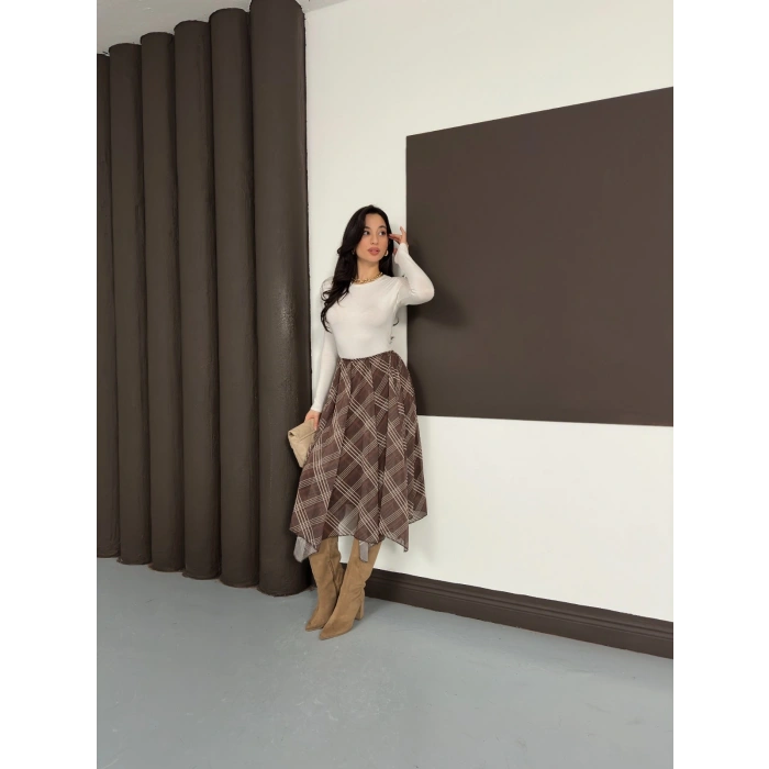 Desenli İçi Astarlı Şifon Etek Kahverengi