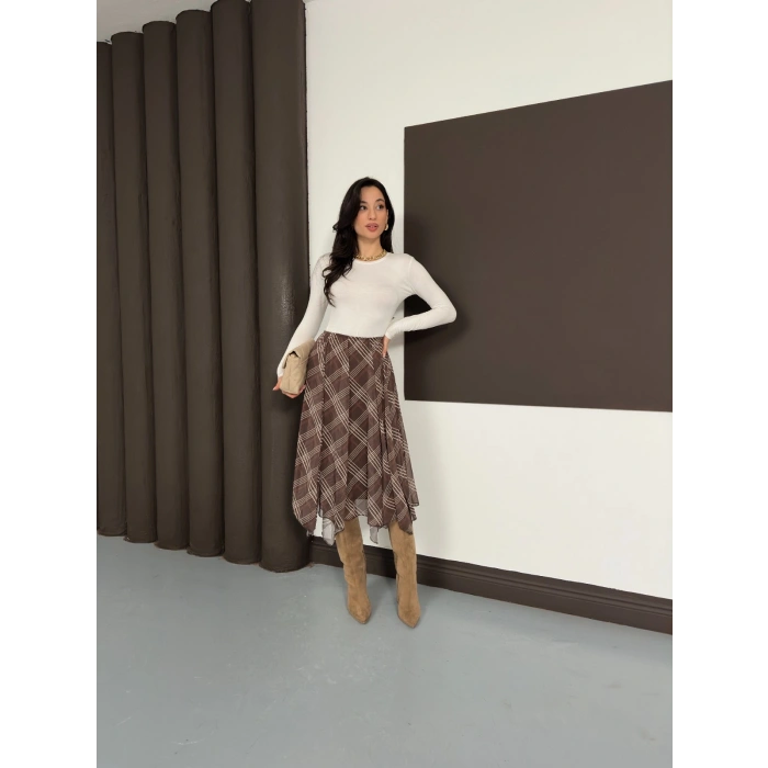 Desenli İçi Astarlı Şifon Etek Kahverengi