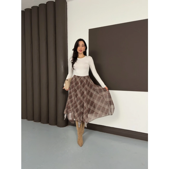 Desenli İçi Astarlı Şifon Etek Kahverengi
