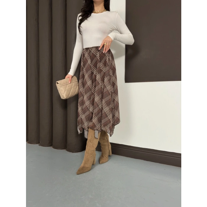 Desenli İçi Astarlı Şifon Etek Kahverengi