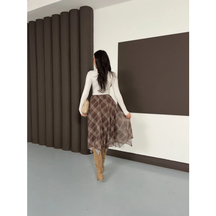 Desenli İçi Astarlı Şifon Etek Kahverengi