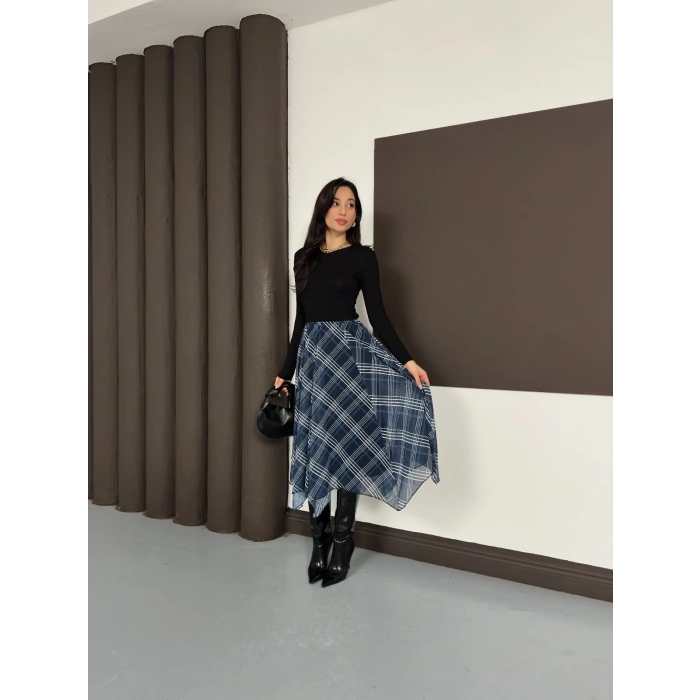 Desenli İçi Astarlı Şifon Etek Lacivert