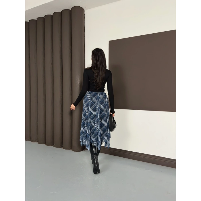 Desenli İçi Astarlı Şifon Etek Lacivert