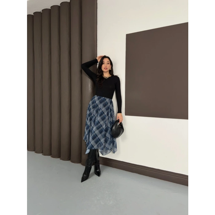 Desenli İçi Astarlı Şifon Etek Lacivert