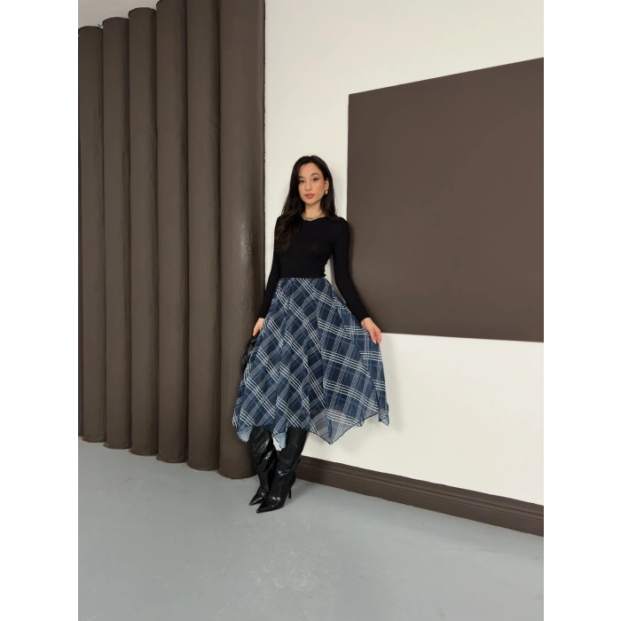 Desenli İçi Astarlı Şifon Etek Lacivert