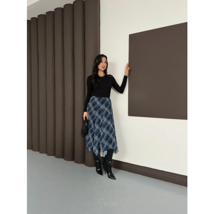 Desenli İçi Astarlı Şifon Etek Lacivert