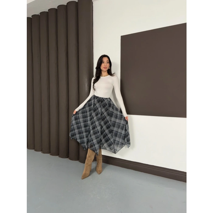 Desenli İçi Astarlı Şifon Etek Siyah