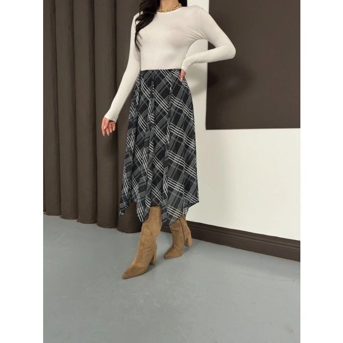 Desenli İçi Astarlı Şifon Etek Siyah