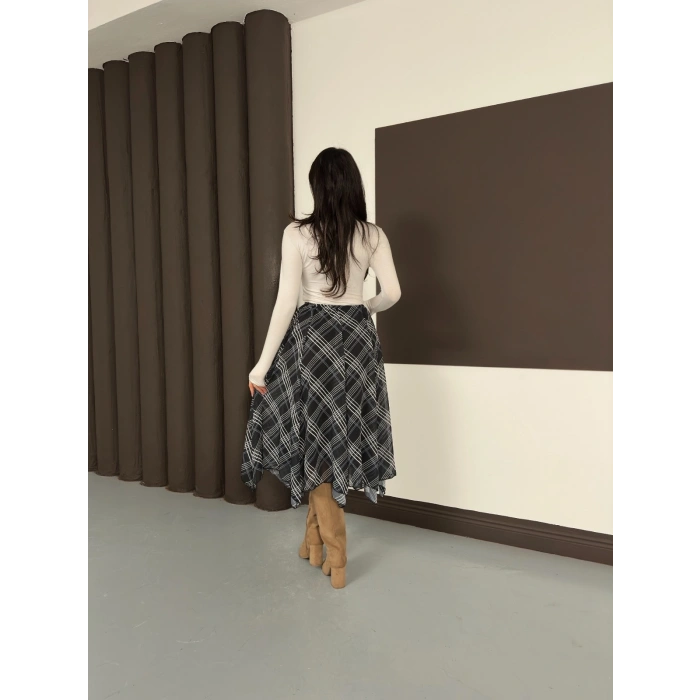 Desenli İçi Astarlı Şifon Etek Siyah