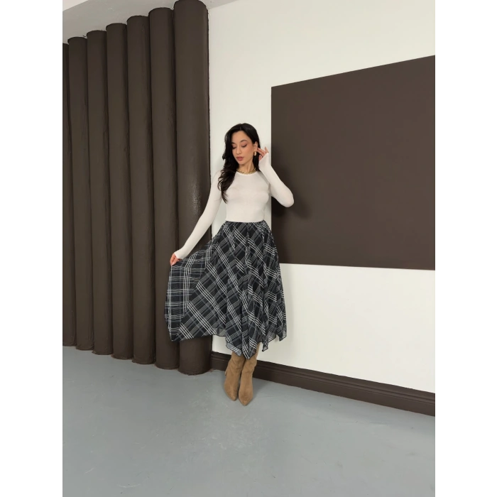 Desenli İçi Astarlı Şifon Etek Siyah