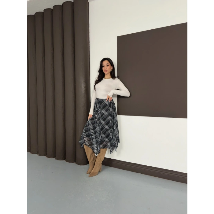 Desenli İçi Astarlı Şifon Etek Siyah