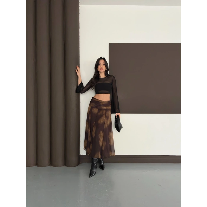 Desenli İçi Astarlı Yan Fermuarlı Şifon Etek Kahve