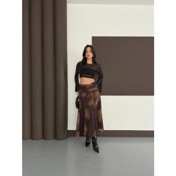 Desenli İçi Astarlı Yan Fermuarlı Şifon Etek Kahve