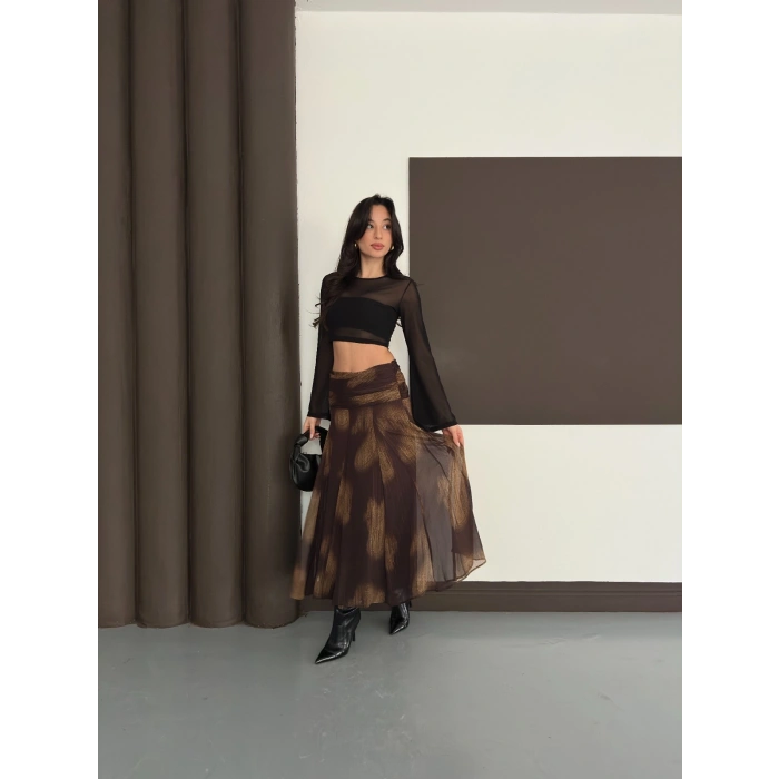 Desenli İçi Astarlı Yan Fermuarlı Şifon Etek Kahve