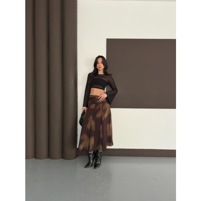 Desenli İçi Astarlı Yan Fermuarlı Şifon Etek Kahve