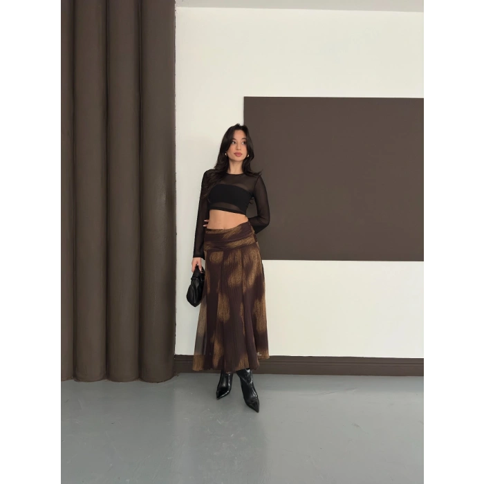 Desenli İçi Astarlı Yan Fermuarlı Şifon Etek Kahve