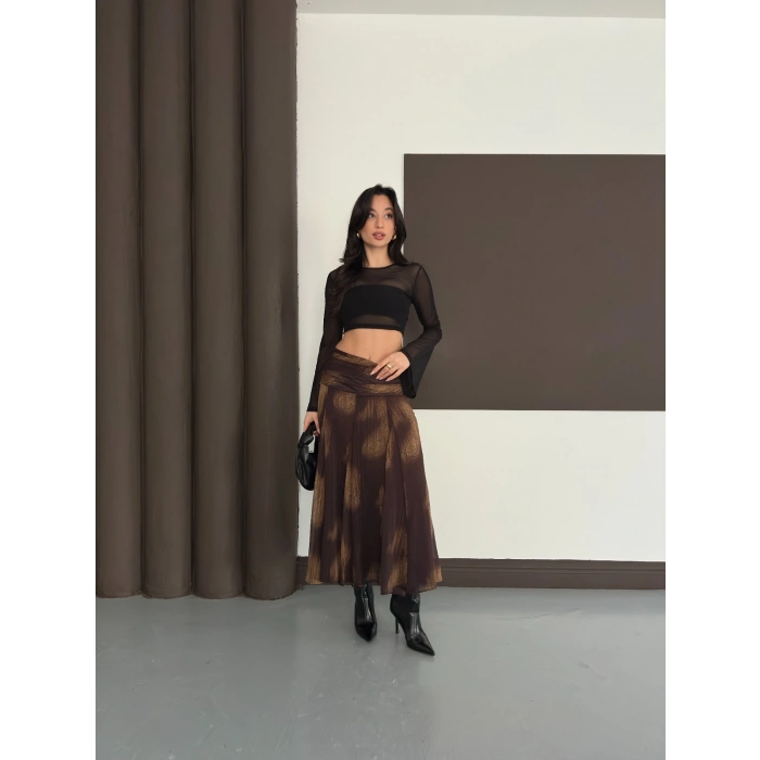 Desenli İçi Astarlı Yan Fermuarlı Şifon Etek Kahve