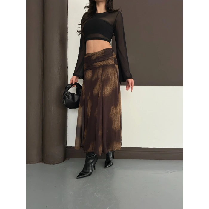 Desenli İçi Astarlı Yan Fermuarlı Şifon Etek Kahve