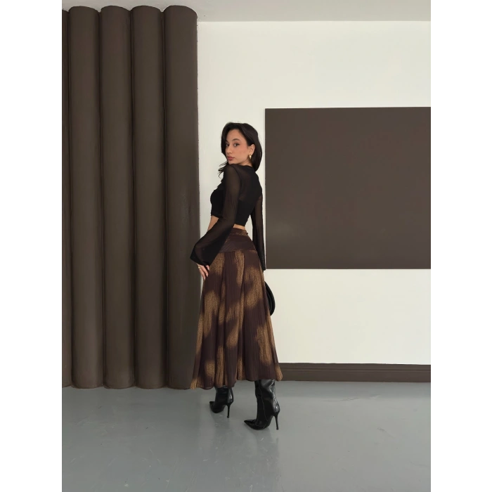 Desenli İçi Astarlı Yan Fermuarlı Şifon Etek Kahve