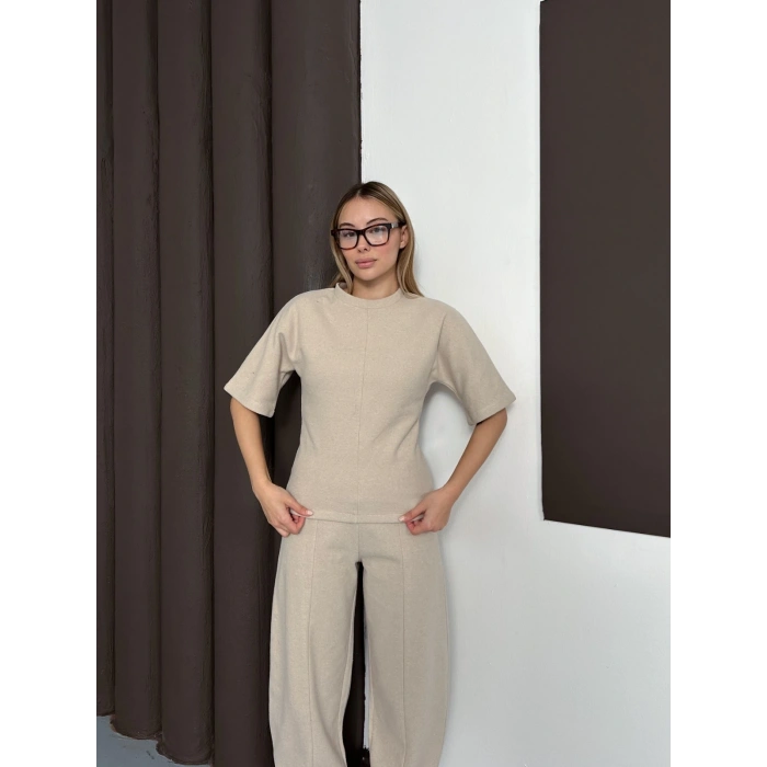 Desenli Modal İkili Set Takım Bej