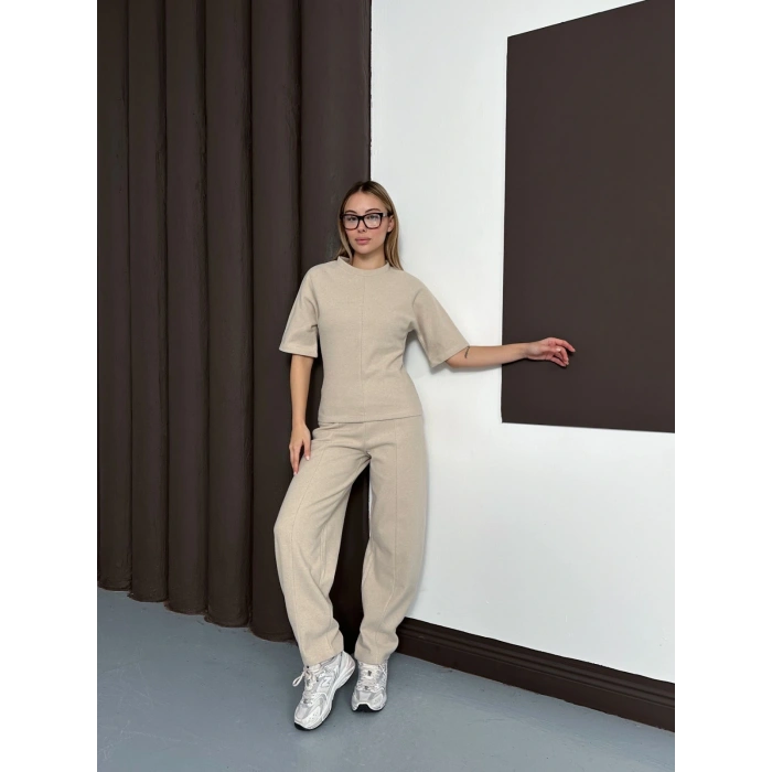 Desenli Modal İkili Set Takım Bej