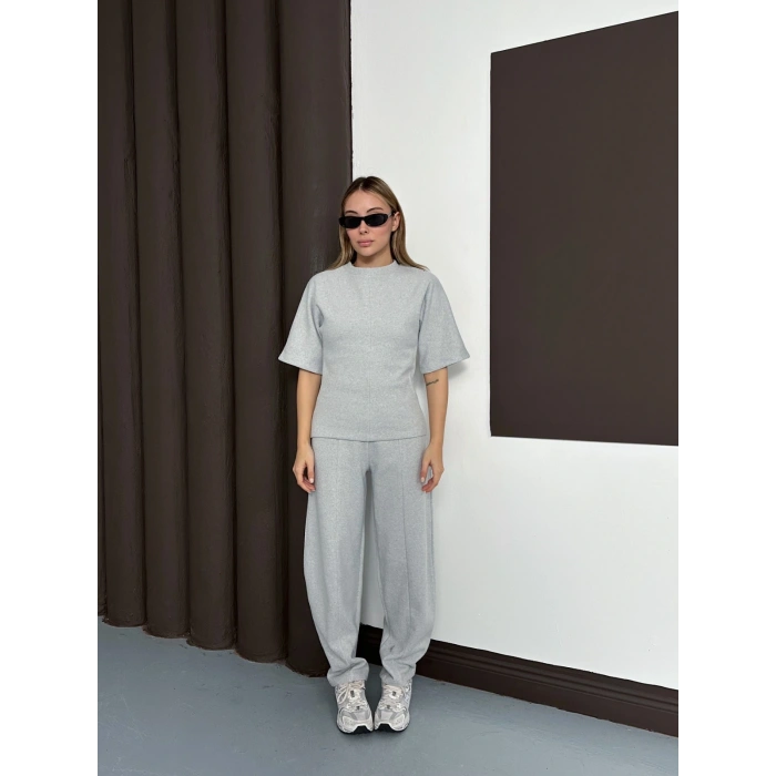 Desenli Modal İkili Set Takım Gri