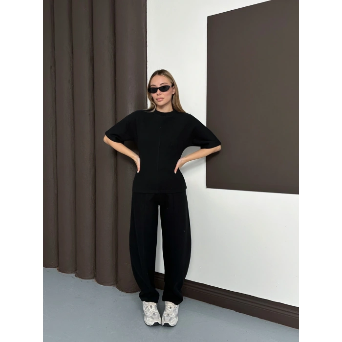 Desenli Modal İkili Set Takım Siyah