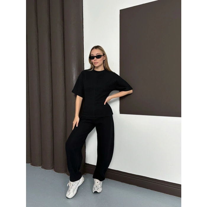 Desenli Modal İkili Set Takım Siyah