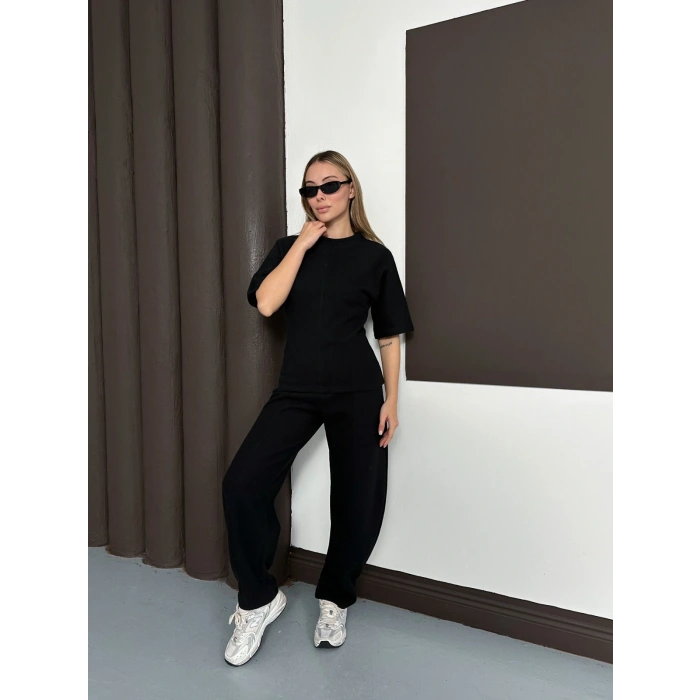 Desenli Modal İkili Set Takım Siyah