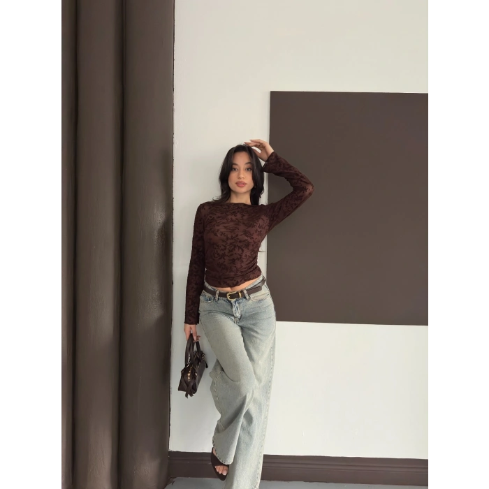 Desenli Transparan Bluz Acı Kahve