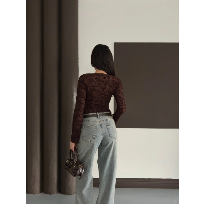 Desenli Transparan Bluz Acı Kahve