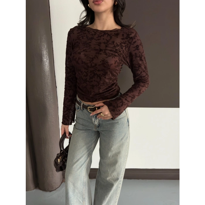 Desenli Transparan Bluz Acı Kahve