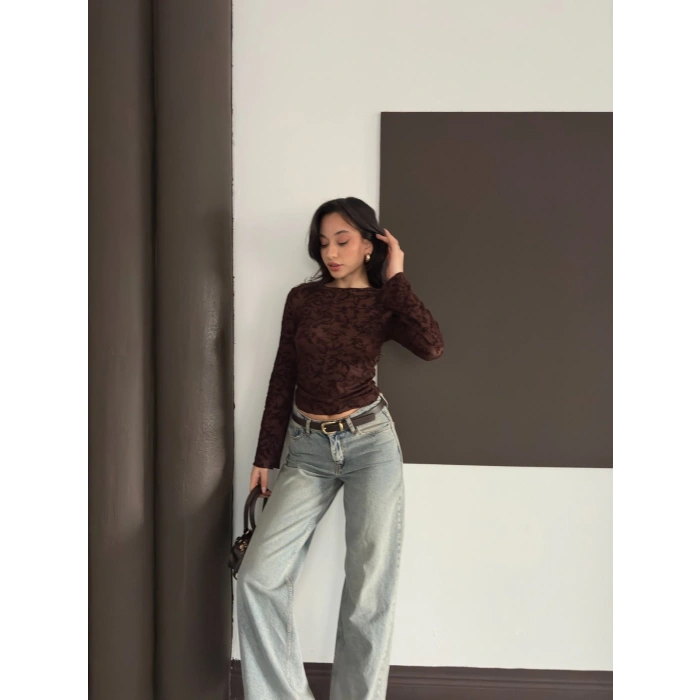 Desenli Transparan Bluz Acı Kahve