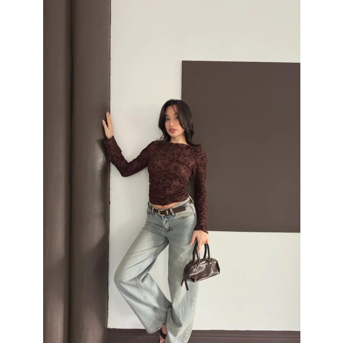 Desenli Transparan Bluz Acı Kahve