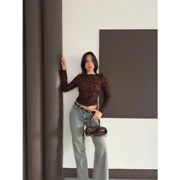 Desenli Transparan Bluz Acı Kahve