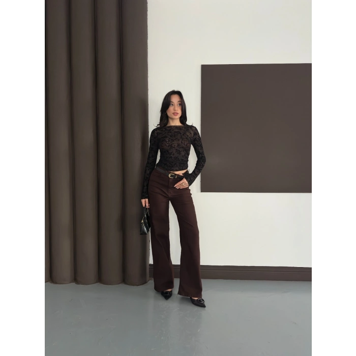 Desenli Transparan Bluz Siyah