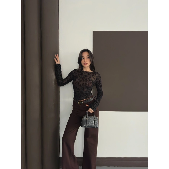 Desenli Transparan Bluz Siyah