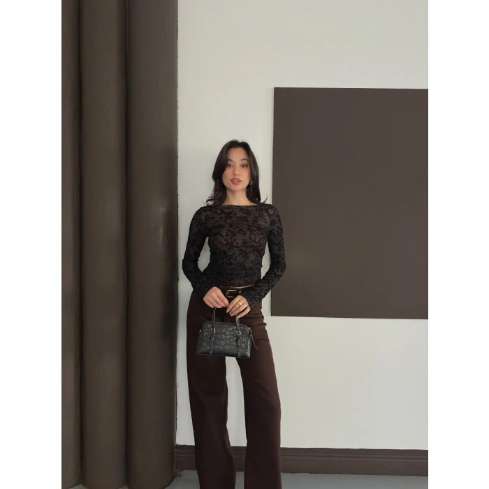 Desenli Transparan Bluz Siyah