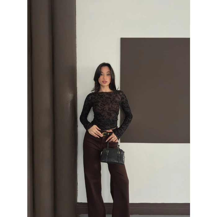 Desenli Transparan Bluz Siyah