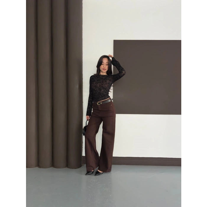 Desenli Transparan Bluz Siyah