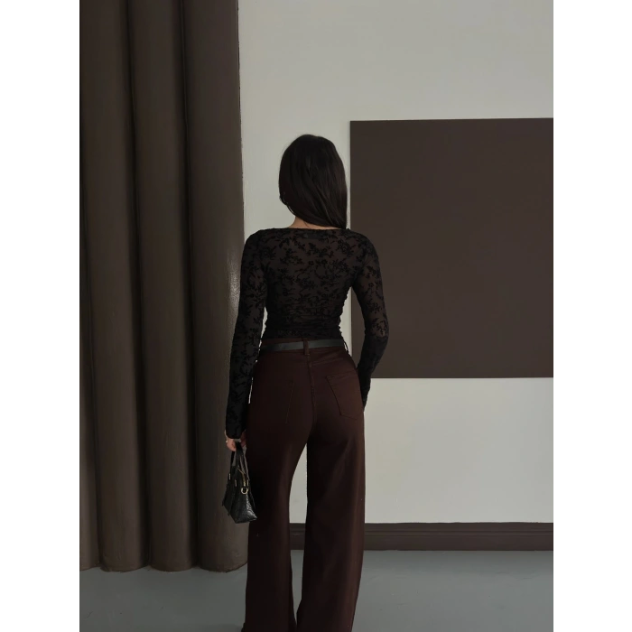 Desenli Transparan Bluz Siyah