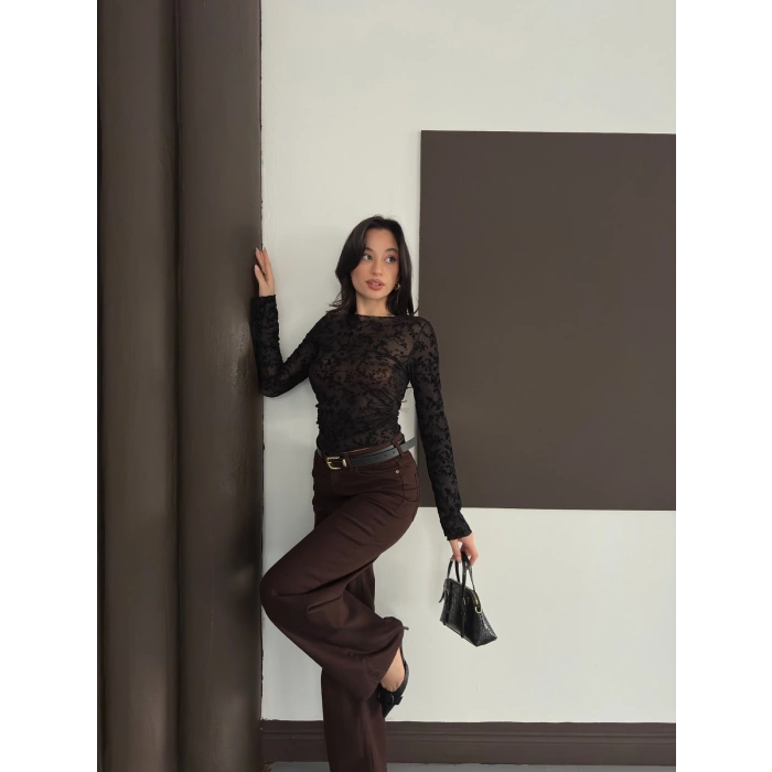 Desenli Transparan Bluz Siyah