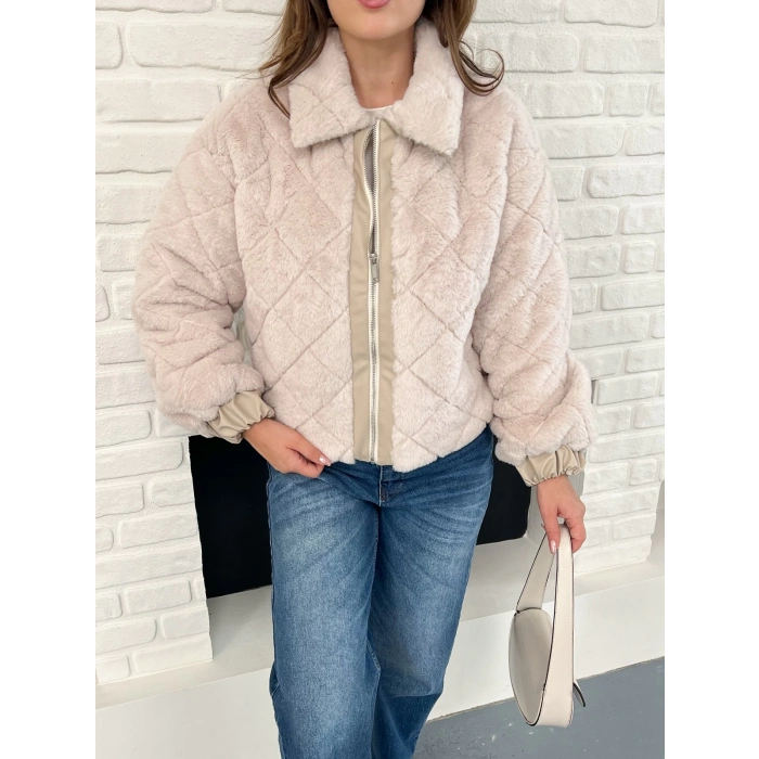 Desenlı Yumoş Fermuarlı Ceket Pudra Pembe