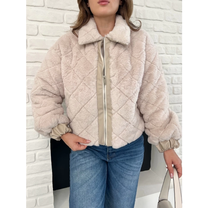 Desenlı Yumoş Fermuarlı Ceket Pudra Pembe